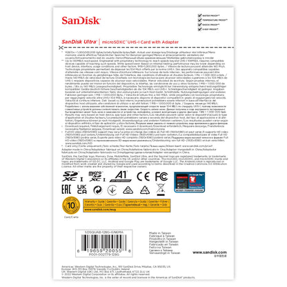 Sandisk Ultra Micro-SD-kort 128GB SDXC bagside med produktinfo, flersproget tekst, certifikater, stregkode og ikoner.
