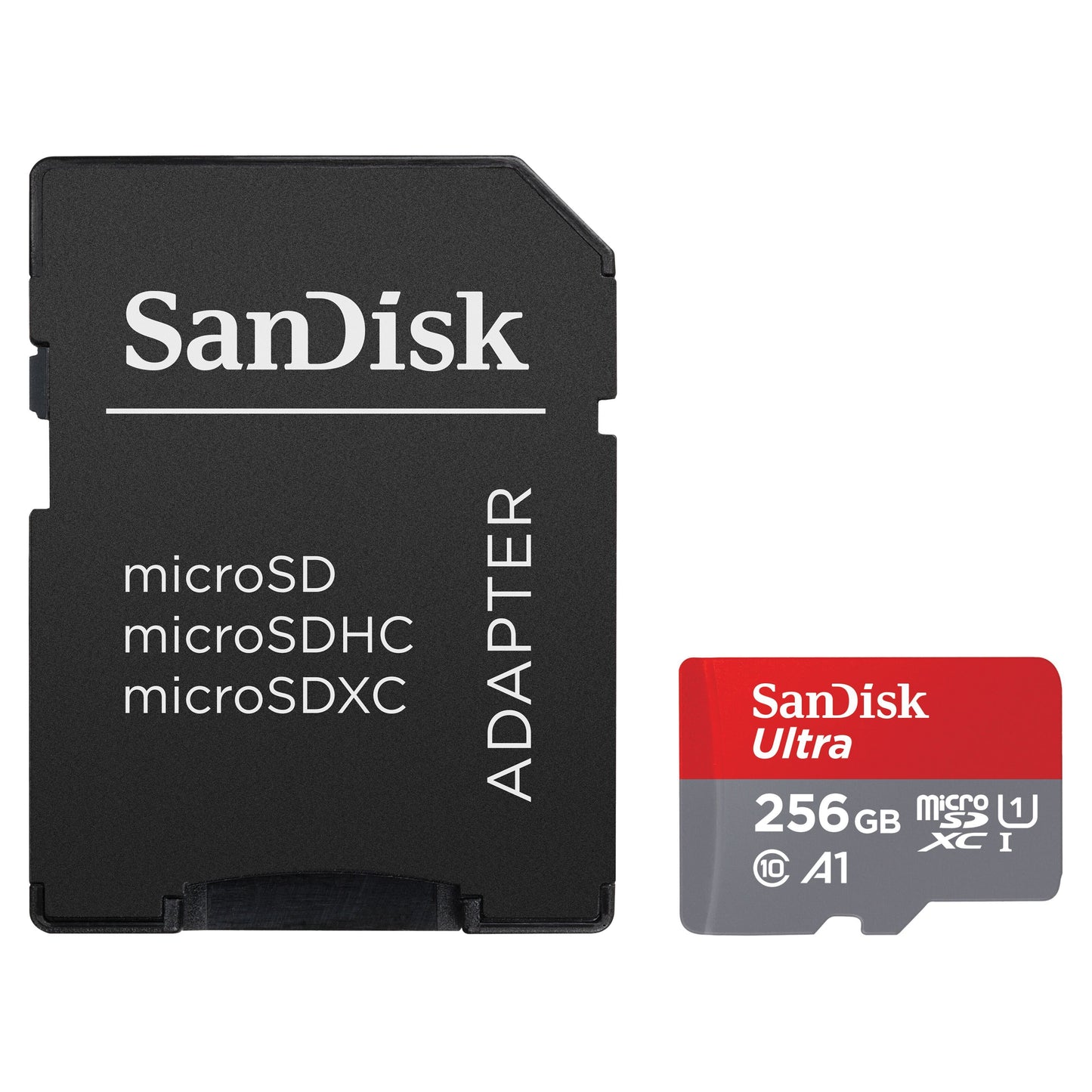 SanDisk Ultra microSD-kort 256 GB SDXC med op til 150 MB/s hastighed, vist ved siden af adapter til microSD/microSDHC/microSDXC.
