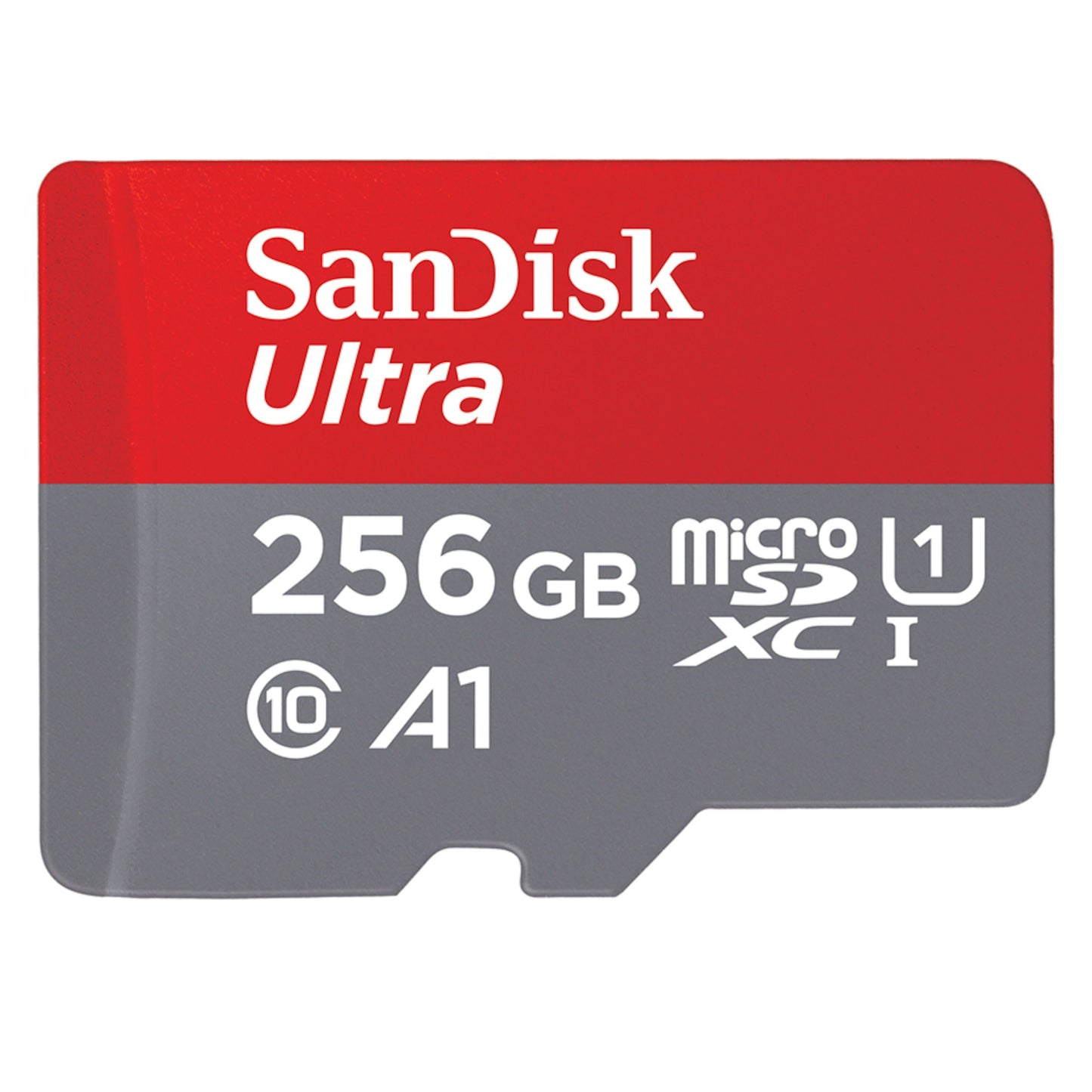 SanDisk Ultra microSD-kort 256GB SDXC, op til 150MB/s, Class 10, UHS-I U1, A1 ydeevne, rød og grå.