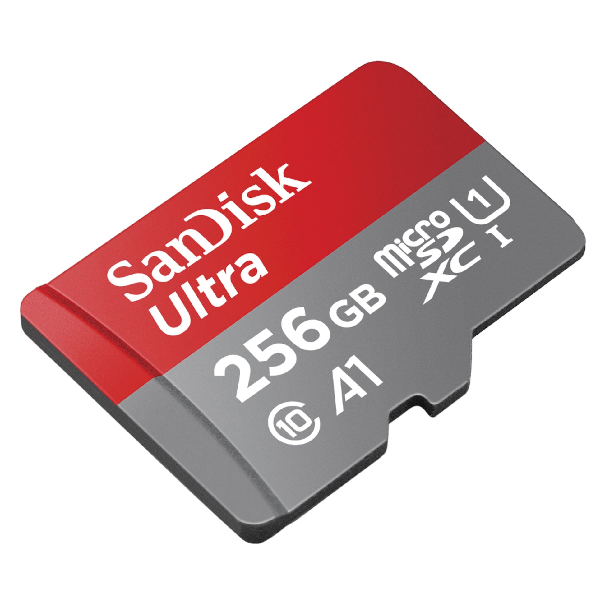 SanDisk Ultra microSD 256GB SDXC, A1, UHS-I, Class 10, op til 150MB/s, rød og grå.