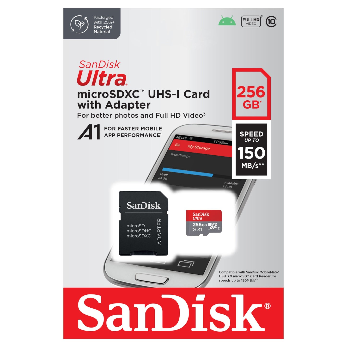 Sandisk Ultra MicroSD 256GB SDXC, adapter, smartphone-billede, tekst: 150MB/s, A1, Sandisk-logo.