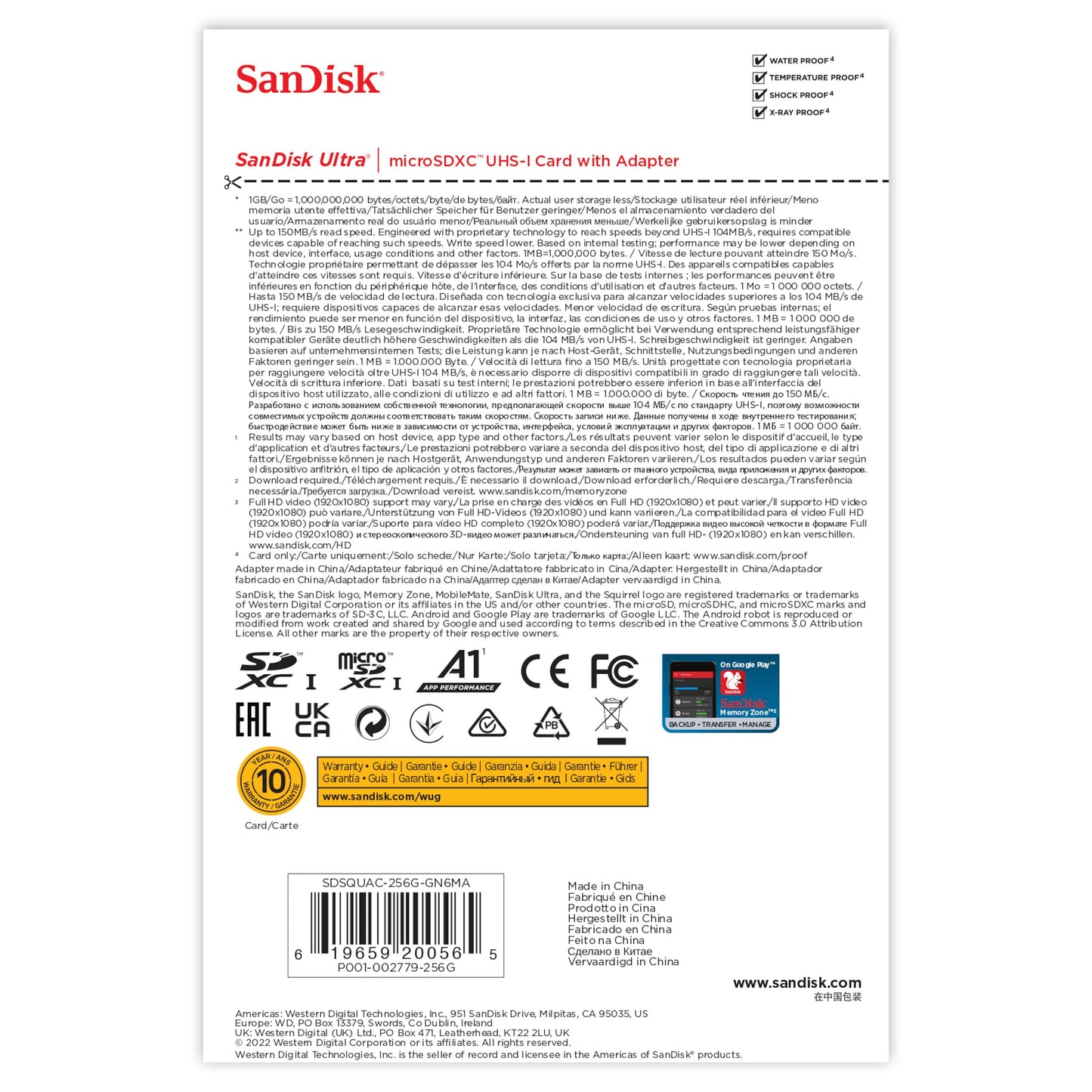 Sandisk Ultra Micro-SD-kort 256GB SDXC emballage, 150MB/s, nøgleinfo, certifikater, garanti, stregkode, ikoner.