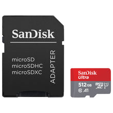 Sandisk Ultra Micro-SD-kort 512GB SDXC med adapter, 512GB lager, op til 150MB/s overførselshastighed.