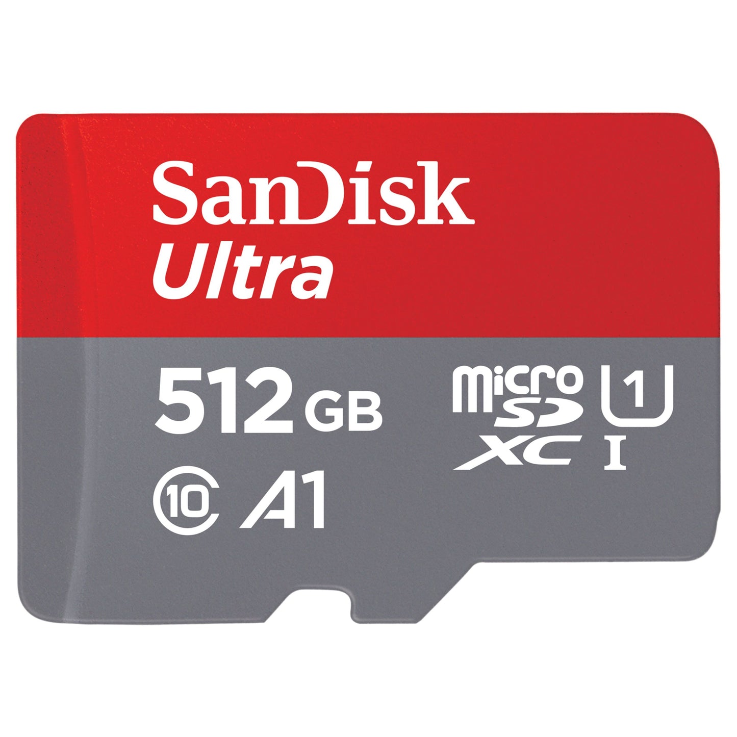 SanDisk Ultra MicroSD 512GB SDXC rød og grå, hastighedssymboler, op til 150 MB/s.