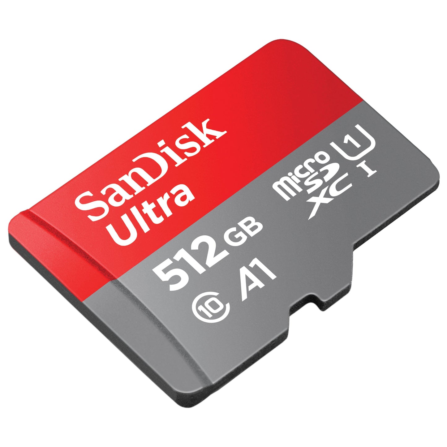Sandisk Ultra microSDXC 512GB, grå/rød, op til 150 MB/s, A1 U1 Class 10 symboler vises.