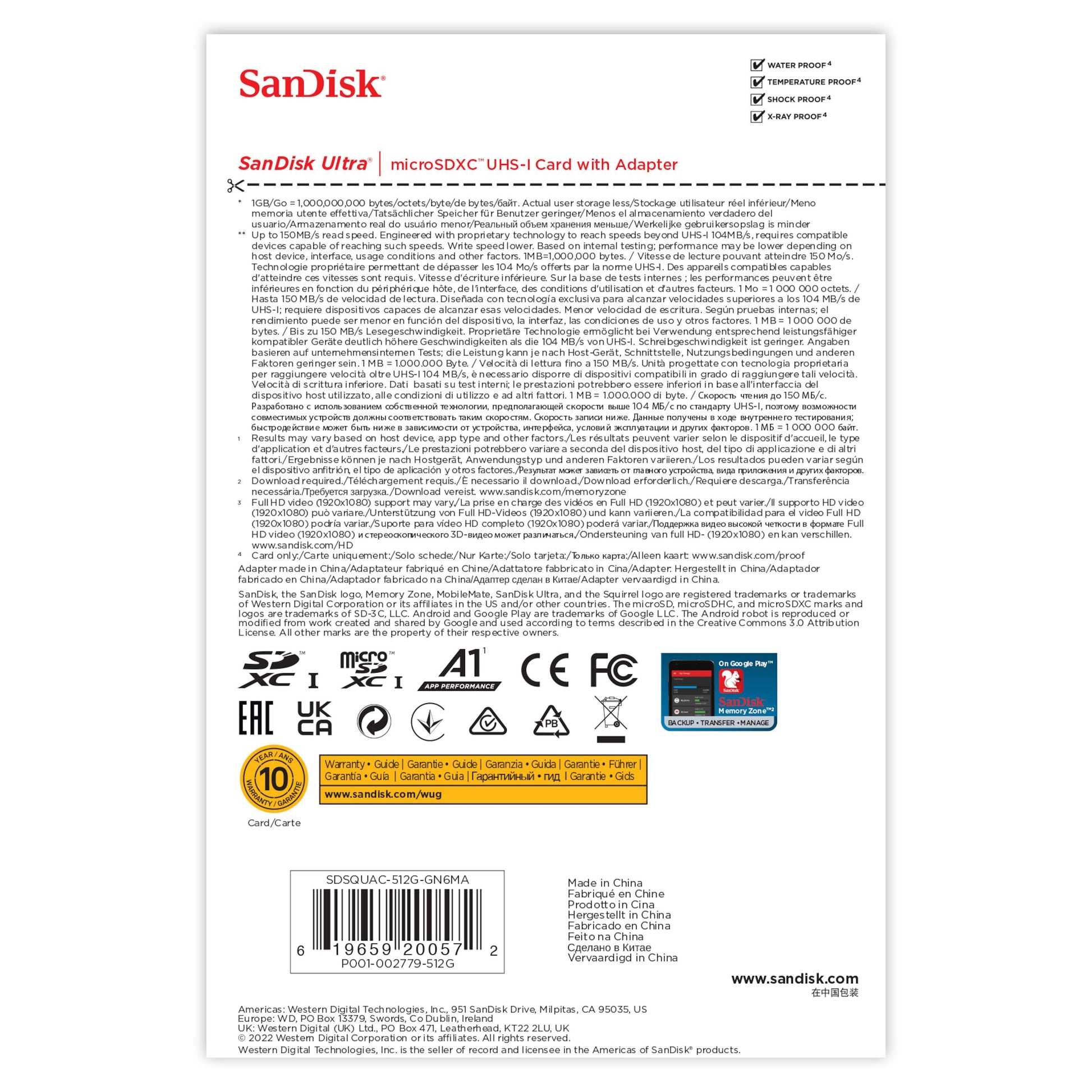 Sandisk Ultra MicroSD 512GB SDXC emballage, logo, kapacitet, op til 150MB/s, ikoner for kompatibilitet og certifikater.