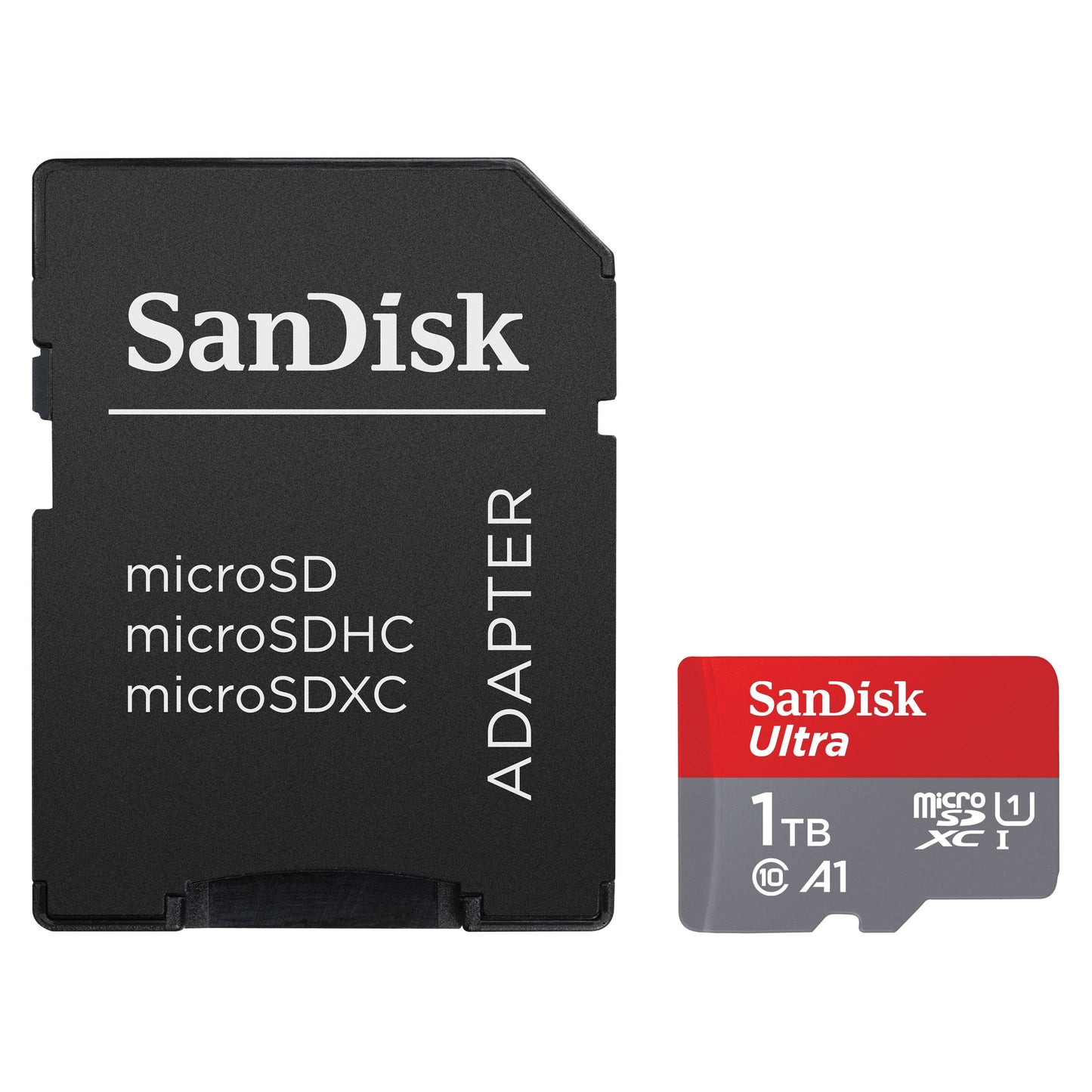 Sandisk microSD-adapter og rød-grå Sandisk Ultra MicroSDXC-kort 1TB vises side om side.