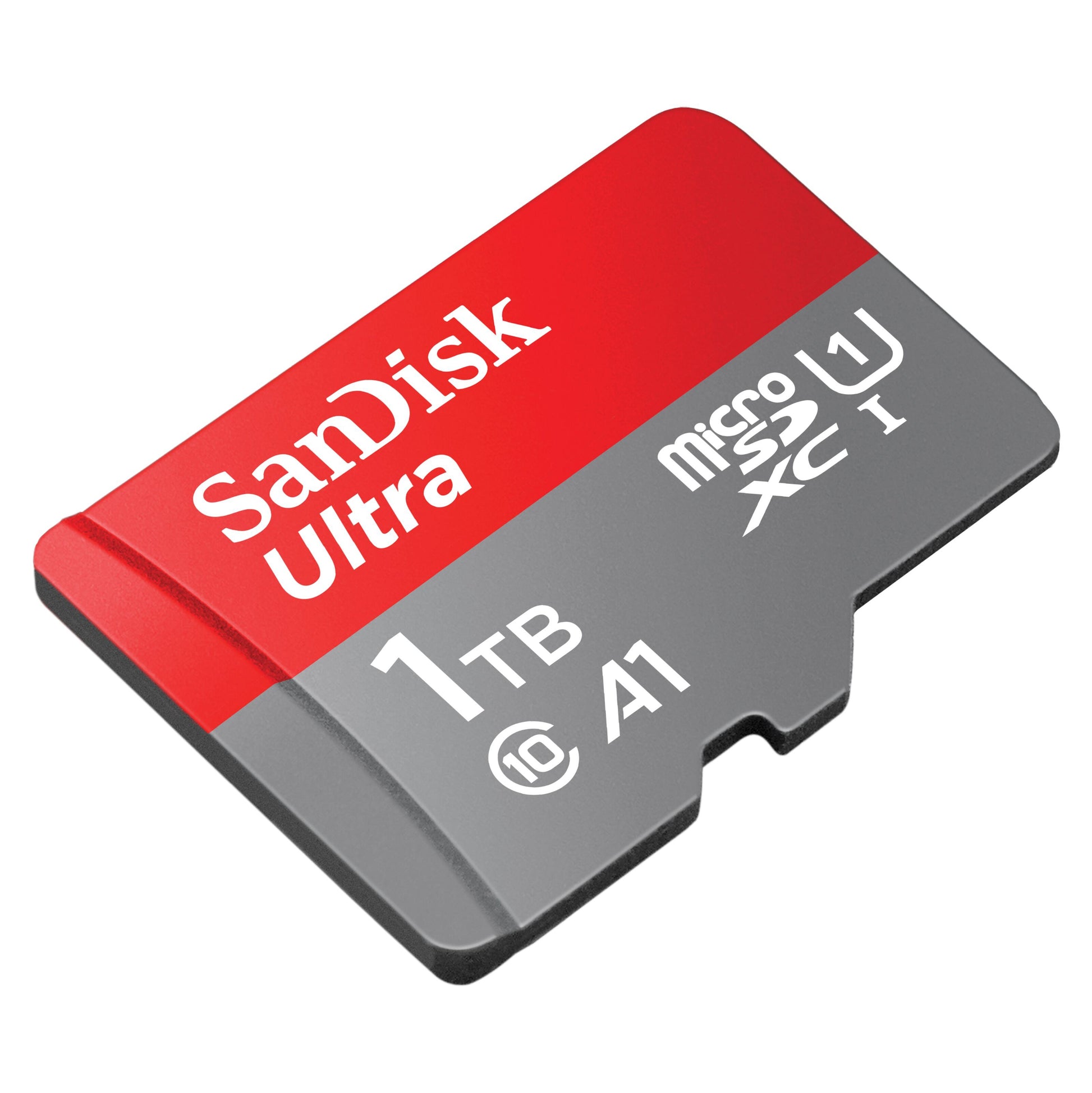 SanDisk Ultra microSDXC 1TB kort, A1 U1 Class 10, rød og grå.