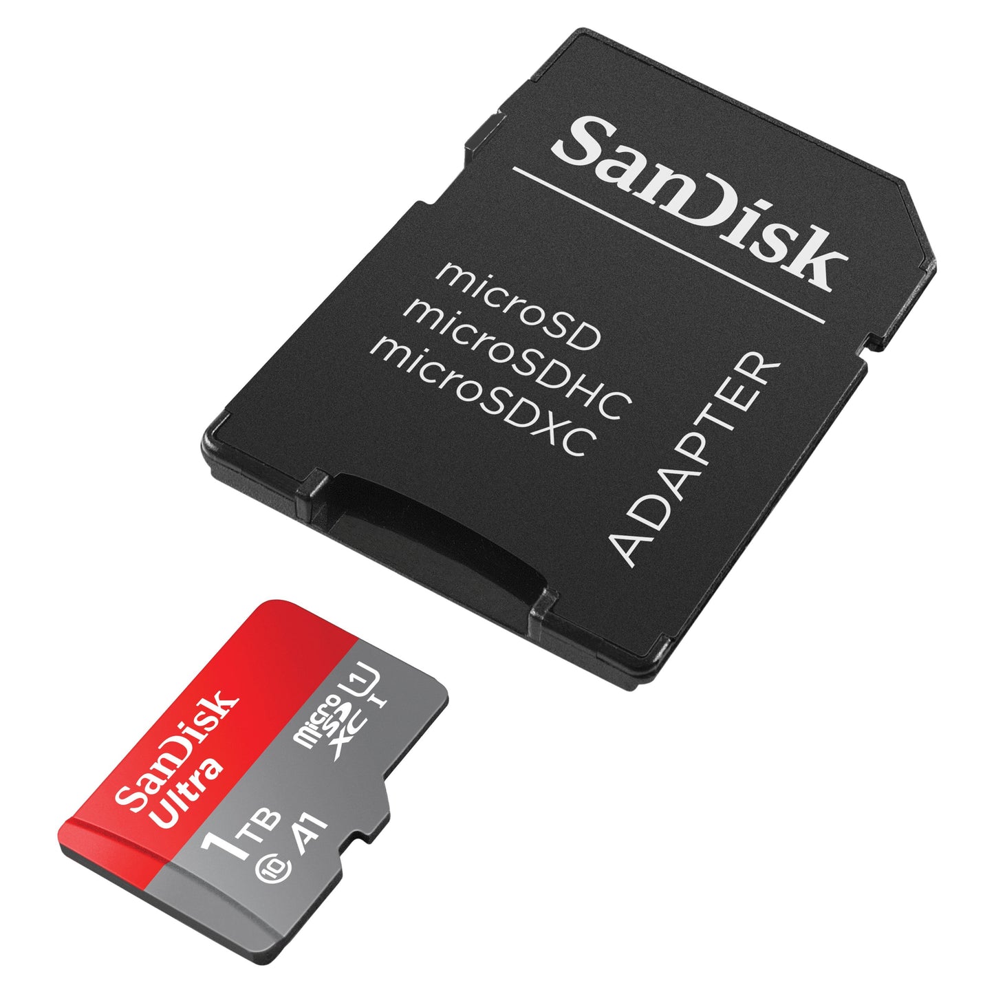 Sandisk Ultra MicroSD 1TB SDXC i rød og grå ved siden af sort Sandisk microSD-adapter.
