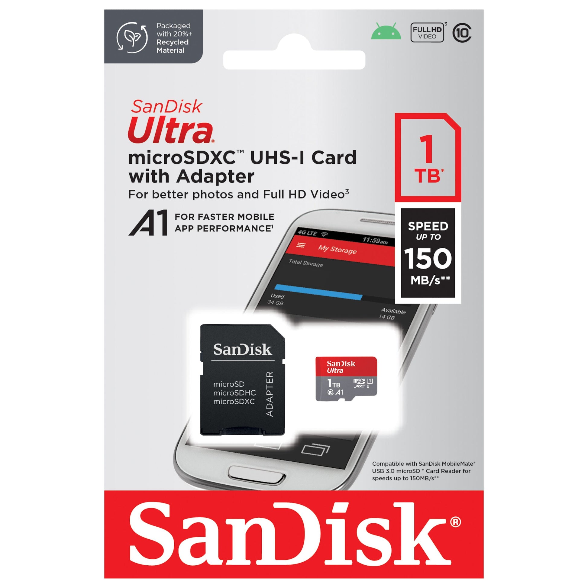 Sandisk Ultra Micro-SD-kort 1TB SDXC op til 150MB/s A1, inkl. adapter, i detailemballage.