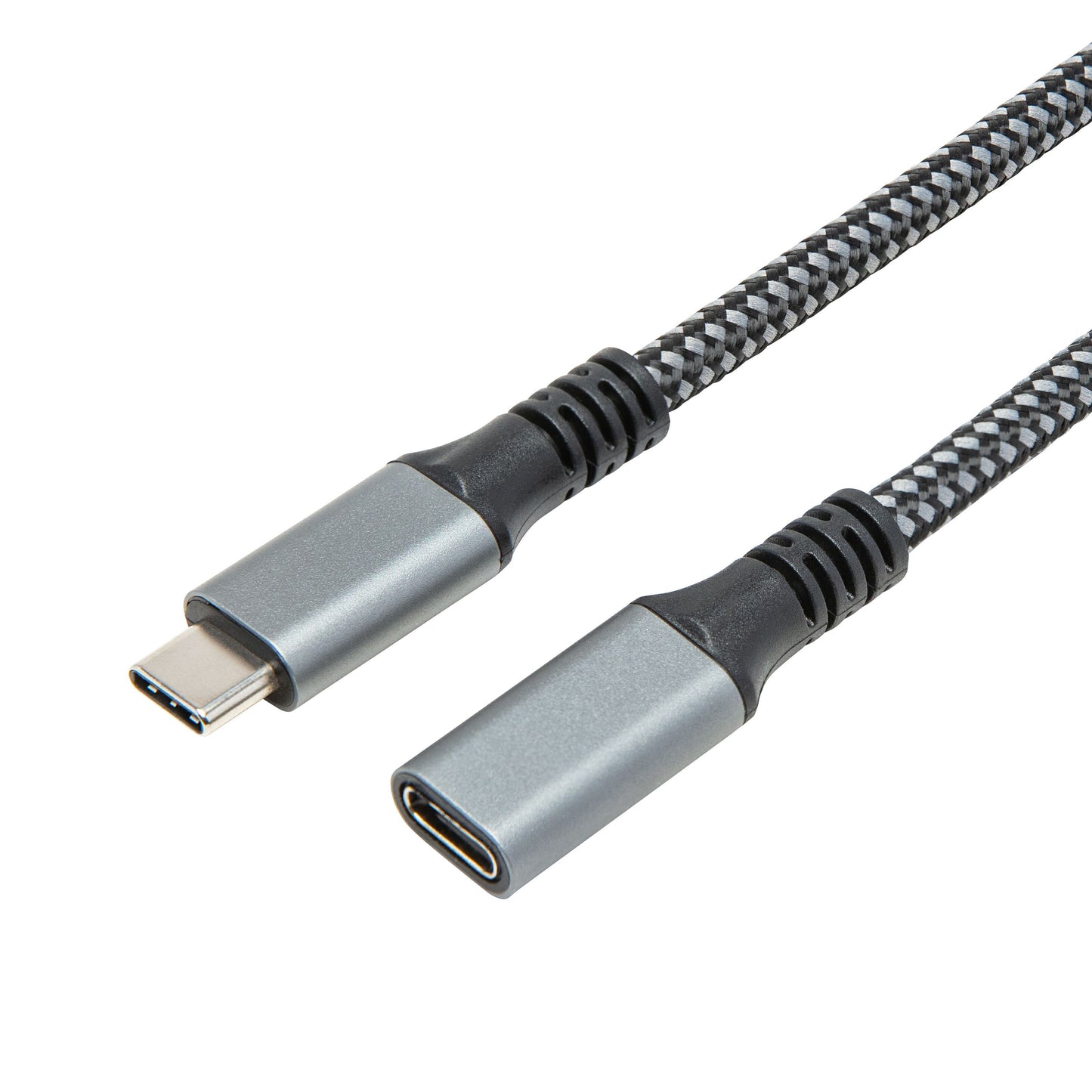 Plexgear Forlængerledning USB-C 2 m, flettet kabel med grå han- og hunstik, USB-C begge ender.