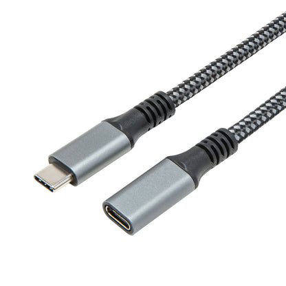 Plexgear Forlængerledning USB-C 2 m, flettet kabel med grå han- og hunstik, USB-C begge ender.