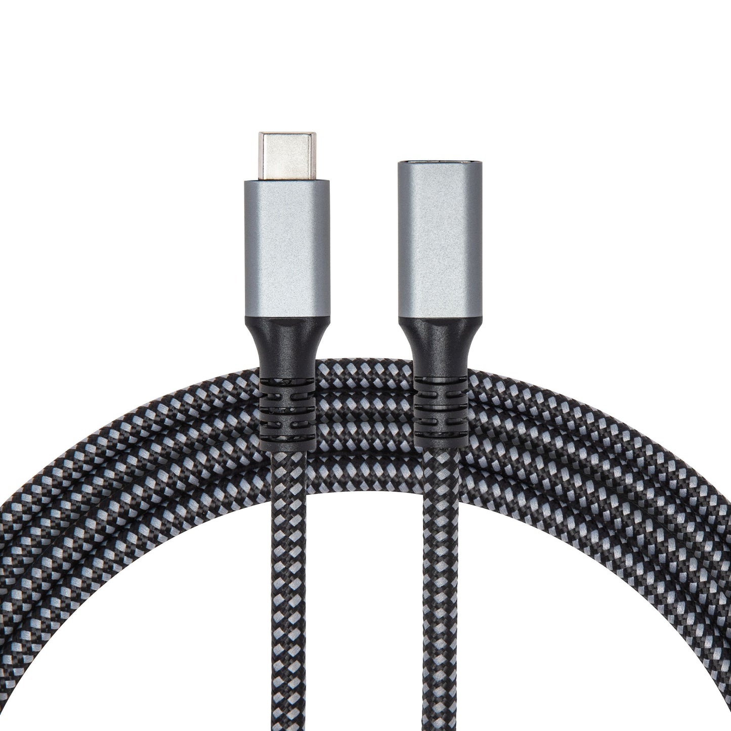 Plexgear USB-C forlængerledning 2 m, sort/grå flettet, han-til-hun stik, til opladning og forlængelse.