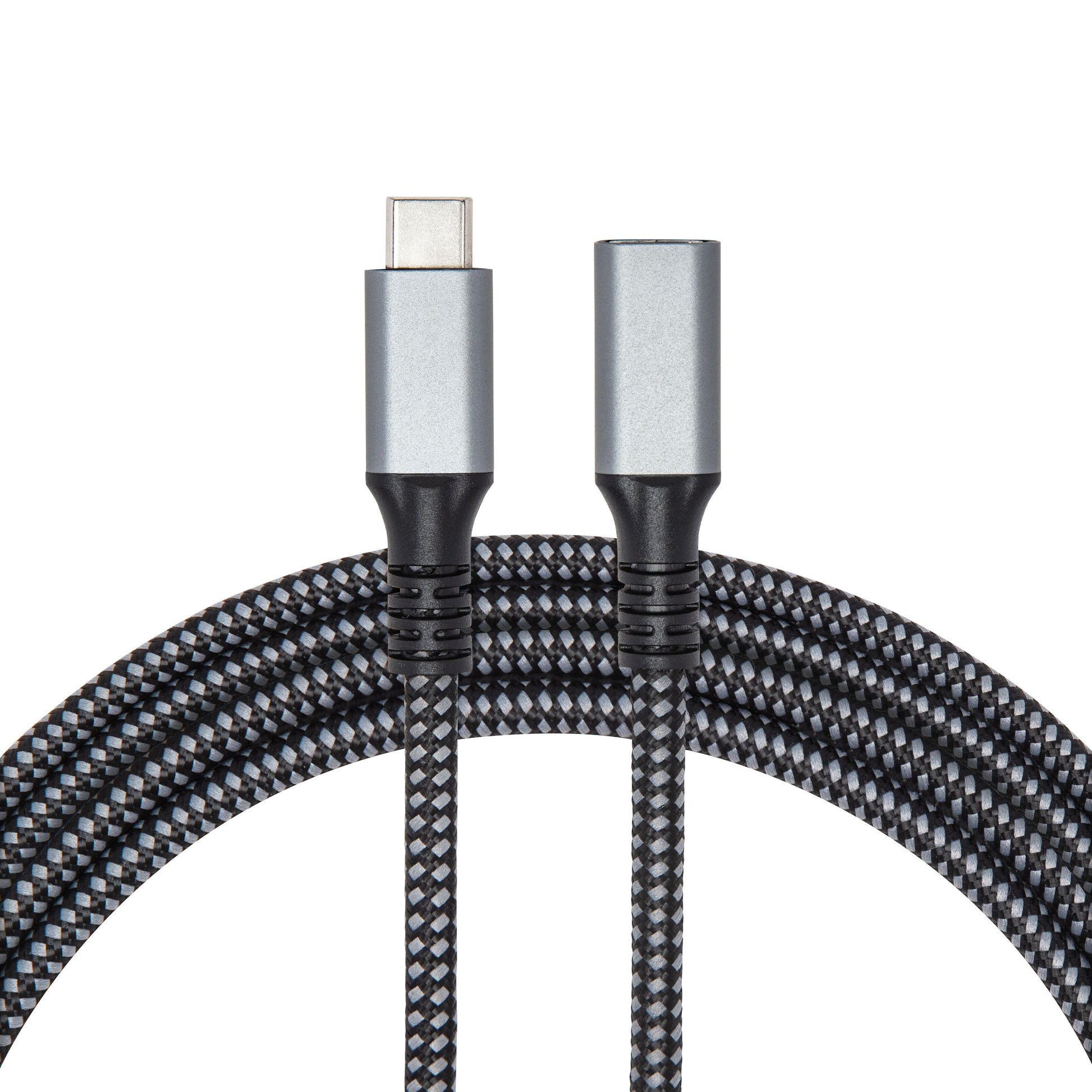 Plexgear USB-C forlængerledning 2 m, sort/grå flettet, han-til-hun stik, til opladning og forlængelse.