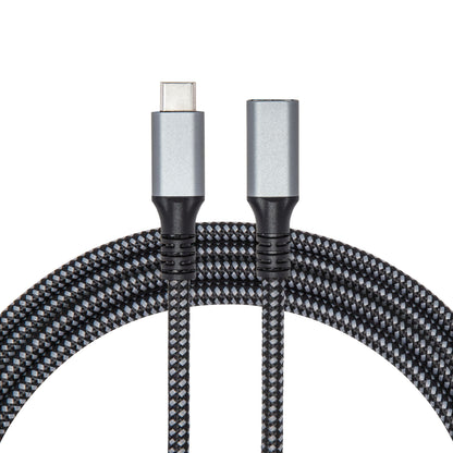 Plexgear USB-C forlængerledning 2 m, sort/grå flettet, han-til-hun stik, til opladning og forlængelse.