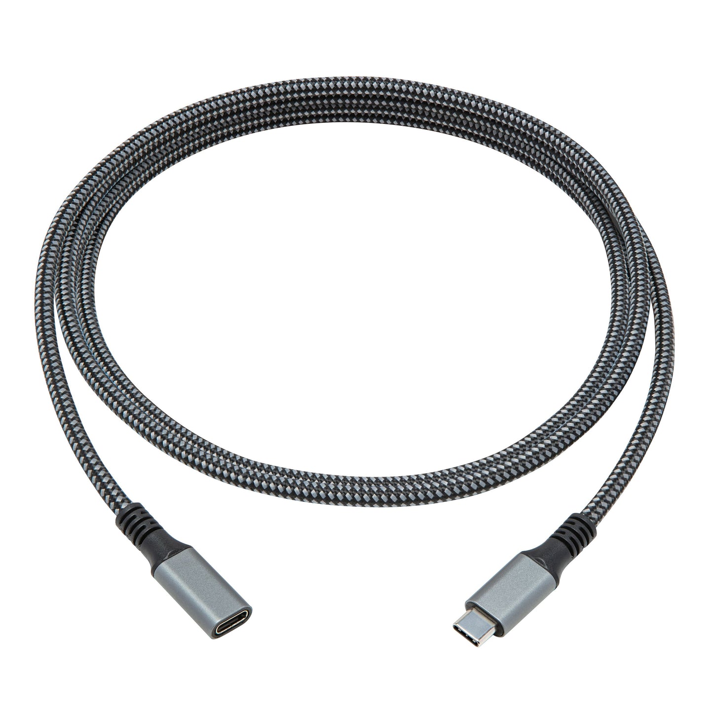 USB-C forlængerkabel 2 m, sort/grå flettet, begge USB-C stik synlige, egnet til opladning og dataoverførsel.