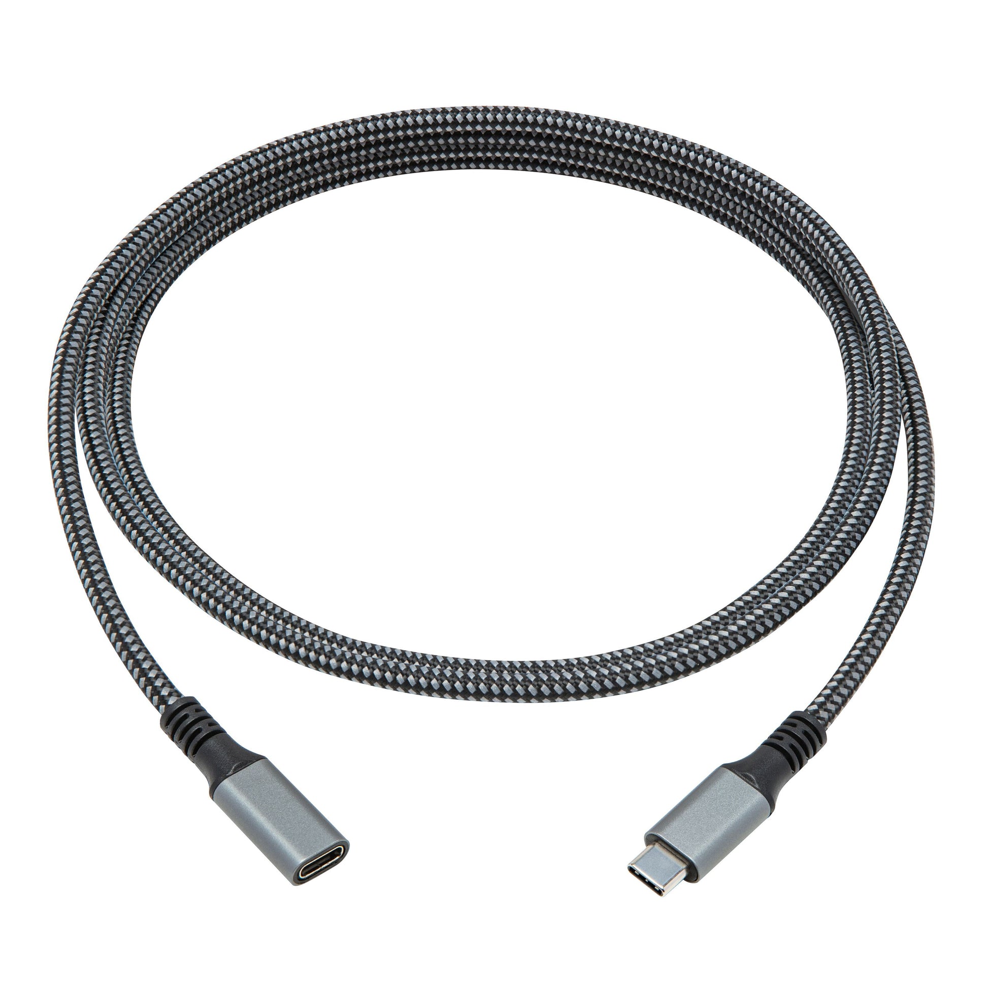 USB-C forlængerkabel 2 m, sort/grå flettet, begge USB-C stik synlige, egnet til opladning og dataoverførsel.