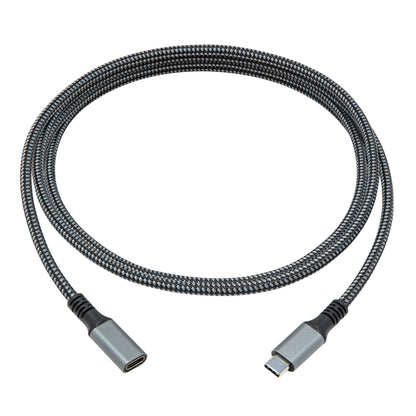 USB-C forlængerkabel 2 m, sort/grå flettet, begge USB-C stik synlige, egnet til opladning og dataoverførsel.