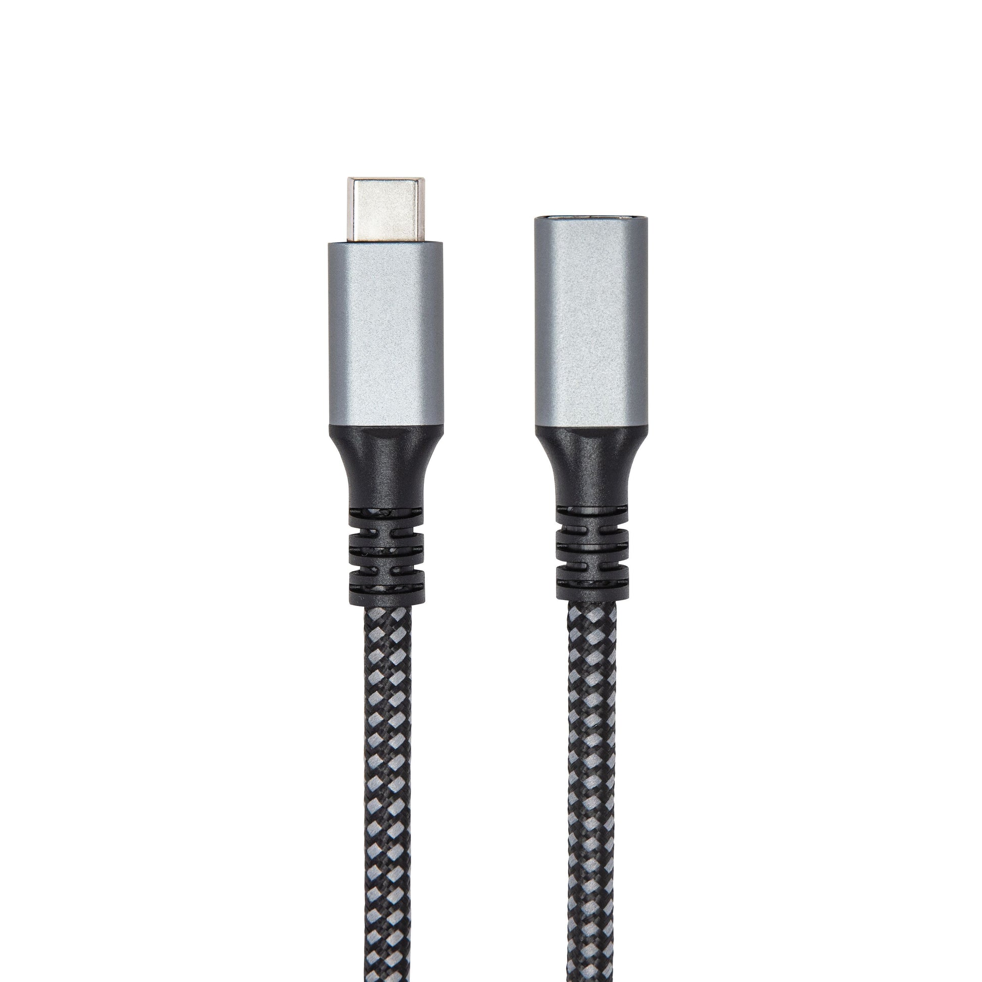 USB-C forlængerledning 2 m, flettet kabel i metallic sølv og sort, kompatibel med USB-C opladning og 3,5 mm adapter.