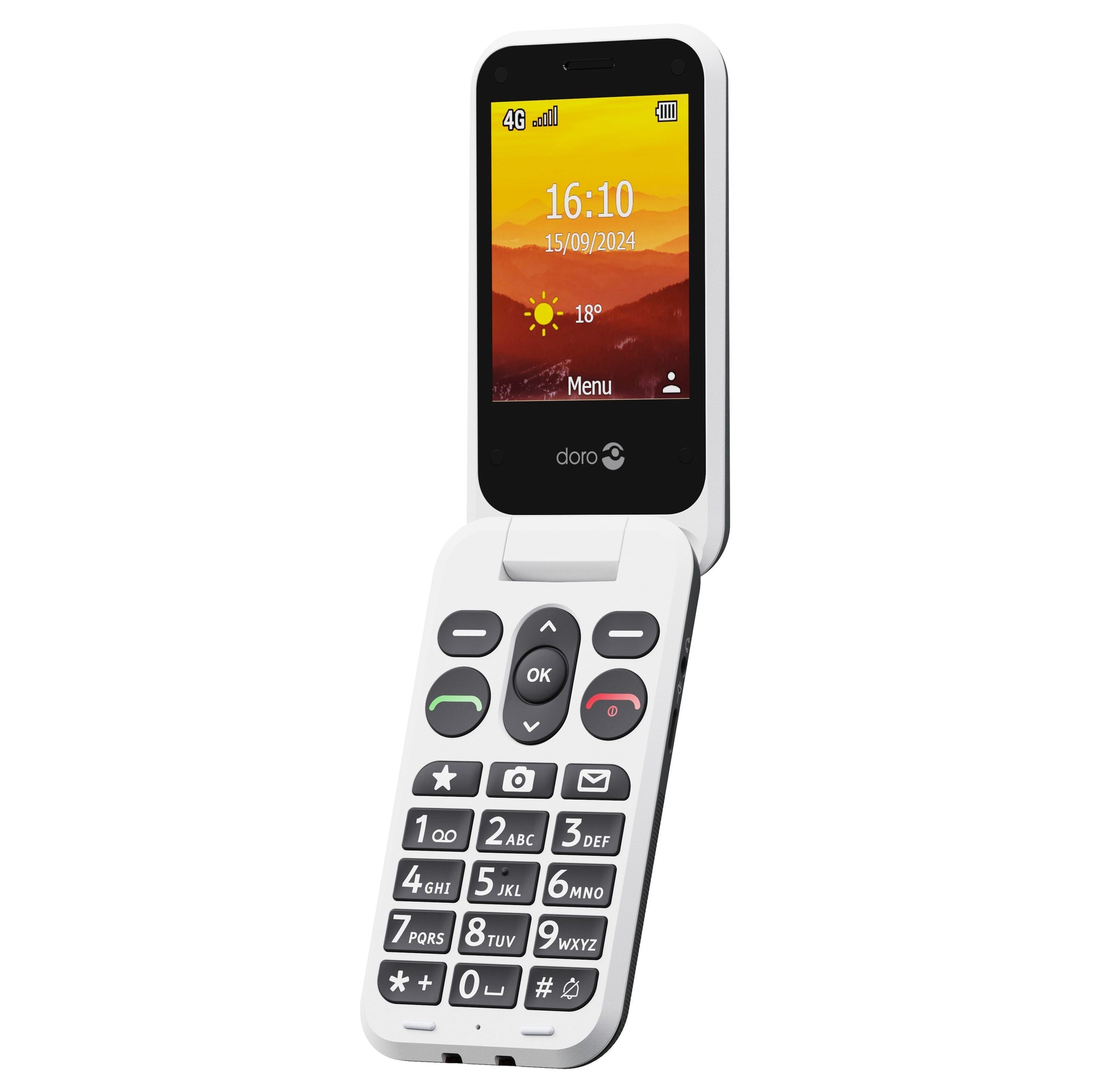 Doro Leva L31 4G mobiltelefon sort/hvid, åbent stort tastatur, skærm med klokken 16:10 og datoen 15/09/2024.