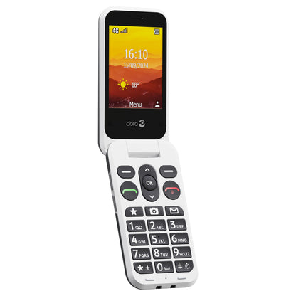 Doro Leva L31 mobiltelefon 4G sort/hvid med store knapper og farveskærm, viser tid, dato, vejr og signalstyrke.
