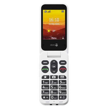 Doro Leva L31 4G mobiltelefon sort/hvid, farveskærm med tid, dato, vejr og stort sort/hvidt tastatur.