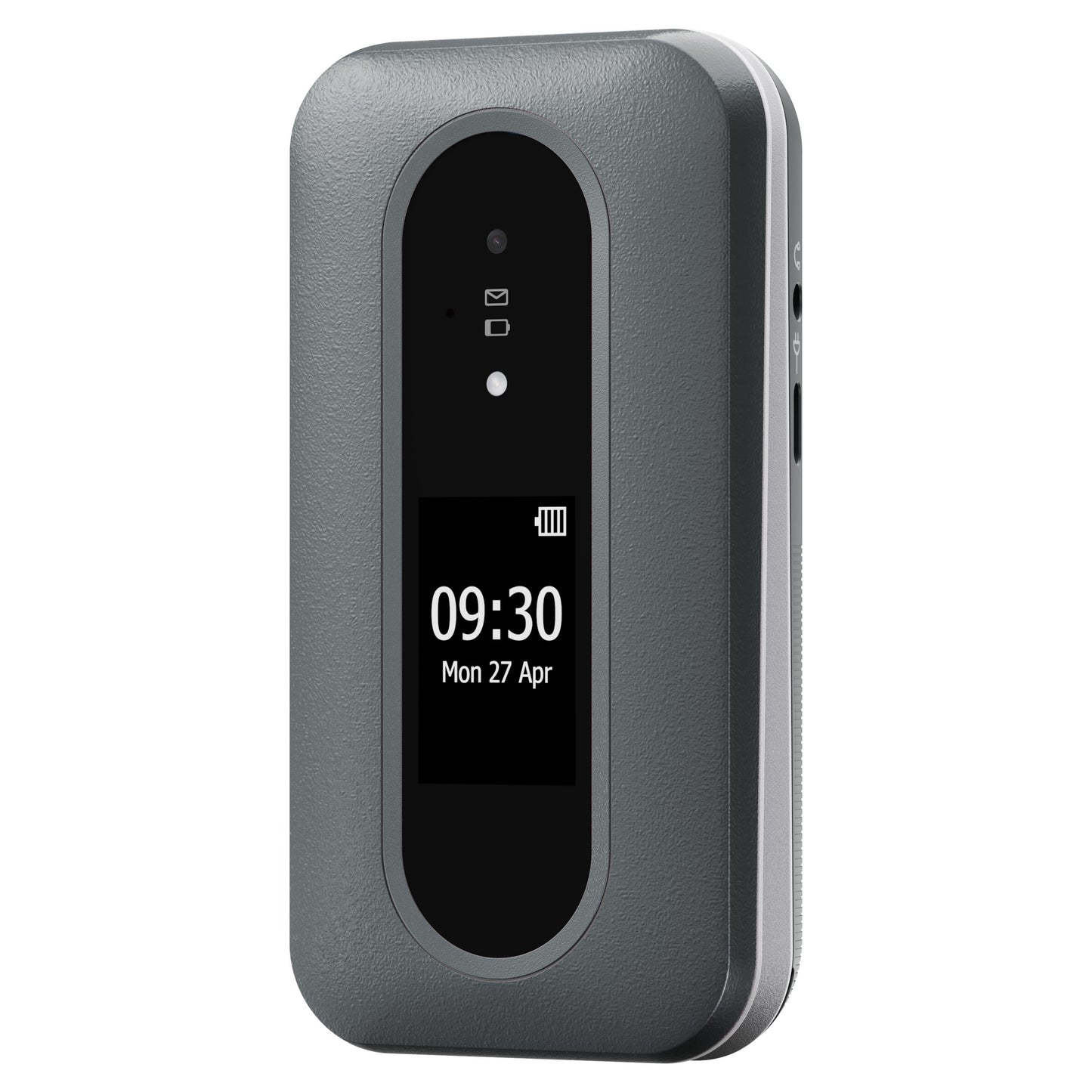 Doro Leva L31 mobiltelefon 4G sort/hvid, digitalt display med tid, dato, batteri, grå tekstureret krop med runde kanter.