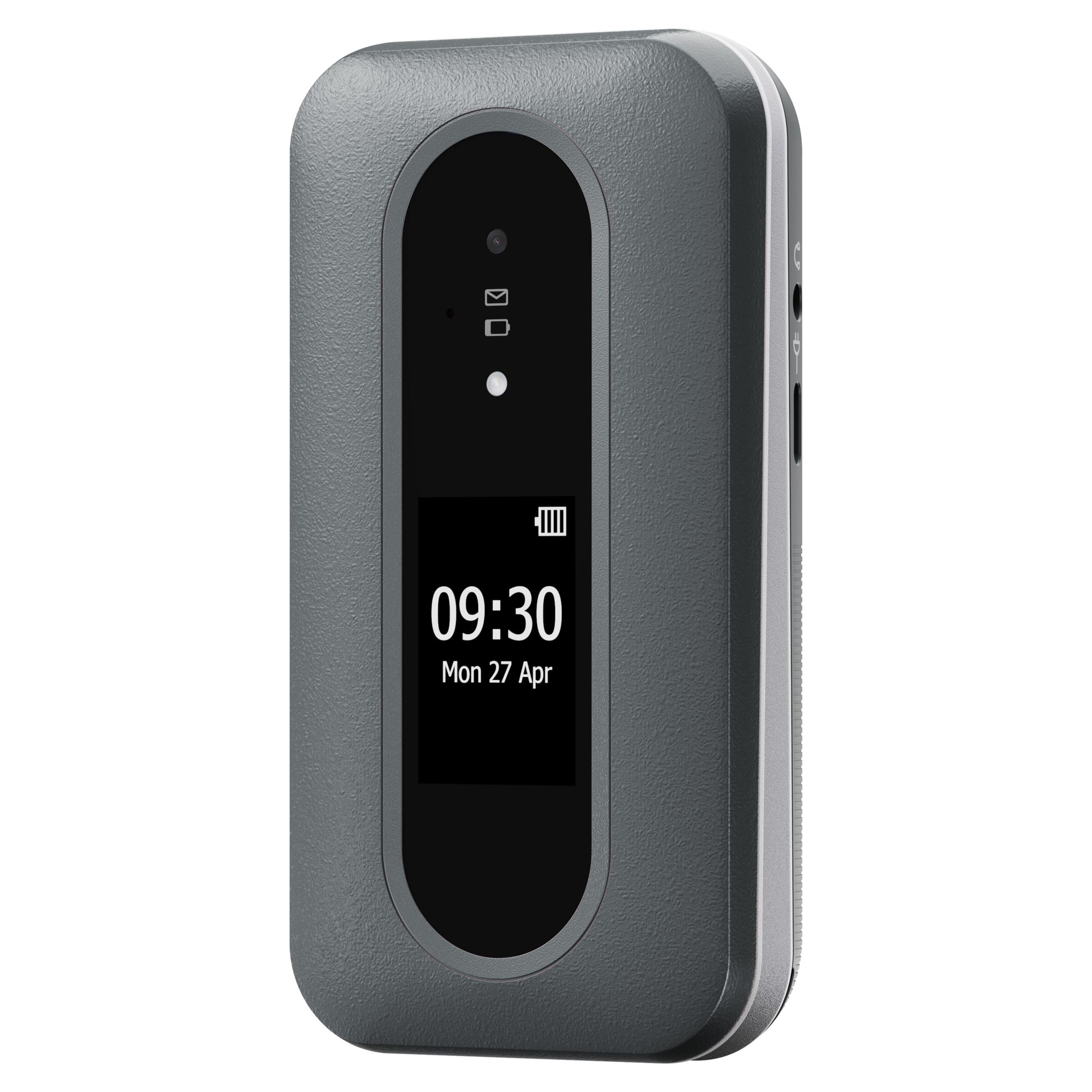 Doro Leva L31 mobiltelefon 4G sort/hvid, digitalt display med tid, dato, batteri, grå tekstureret krop med runde kanter.