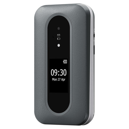 Doro Leva L31 mobiltelefon 4G sort/hvid, digitalt display med tid, dato, batteri, grå tekstureret krop med runde kanter.