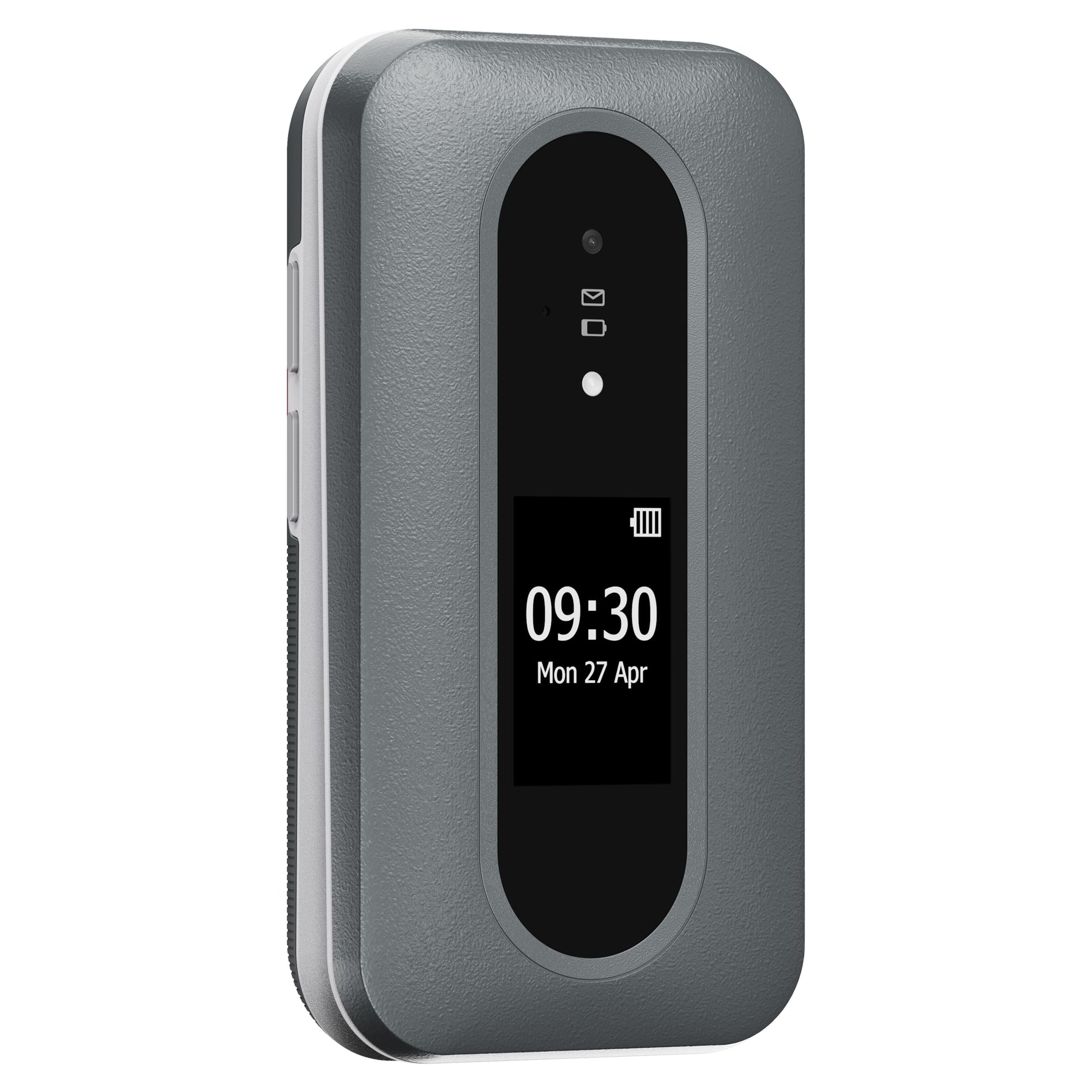 Doro Leva L31 4G mobiltelefon sort/hvid ved siden af gråt Wi-Fi hotspot med lille skærm for tid, dato, batteri og signal.