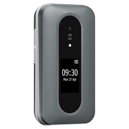 Doro Leva L31 4G mobiltelefon sort/hvid ved siden af gråt Wi-Fi hotspot med lille skærm for tid, dato, batteri og signal.
