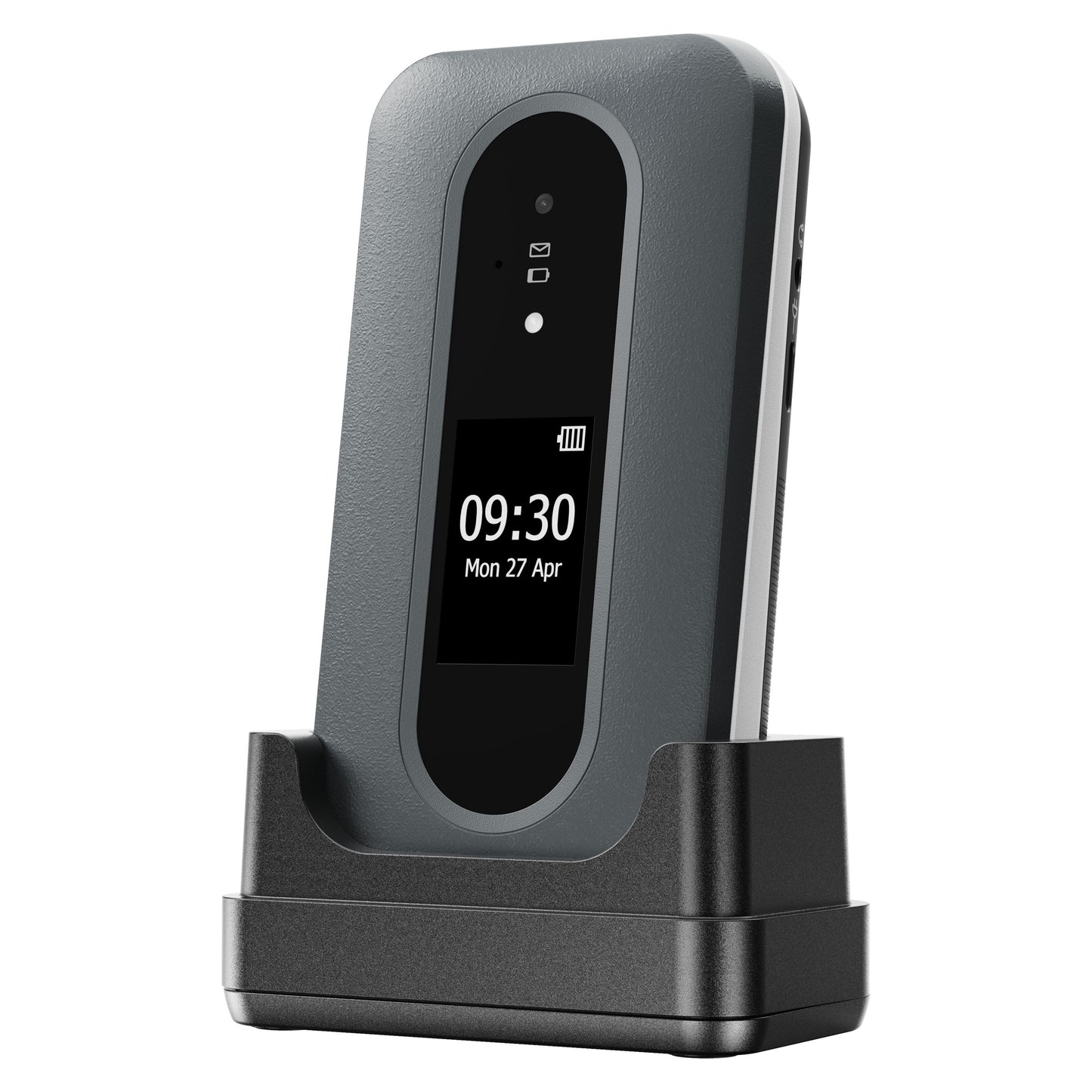 Doro Leva L31 mobiltelefon 4G sort/hvid i sort ladestation, viser klokken 09:30, dato og fuldt batteri.