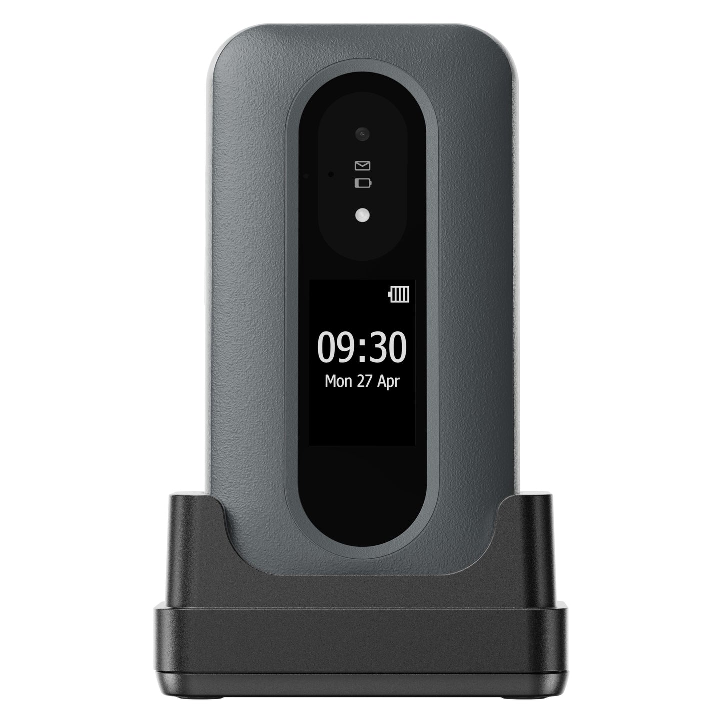 Doro Leva L31 mobiltelefon 4G sort/hvid i oplader, viser tid 09:30, dato 27 Apr på skærm med batteri- og notifikationsikoner.