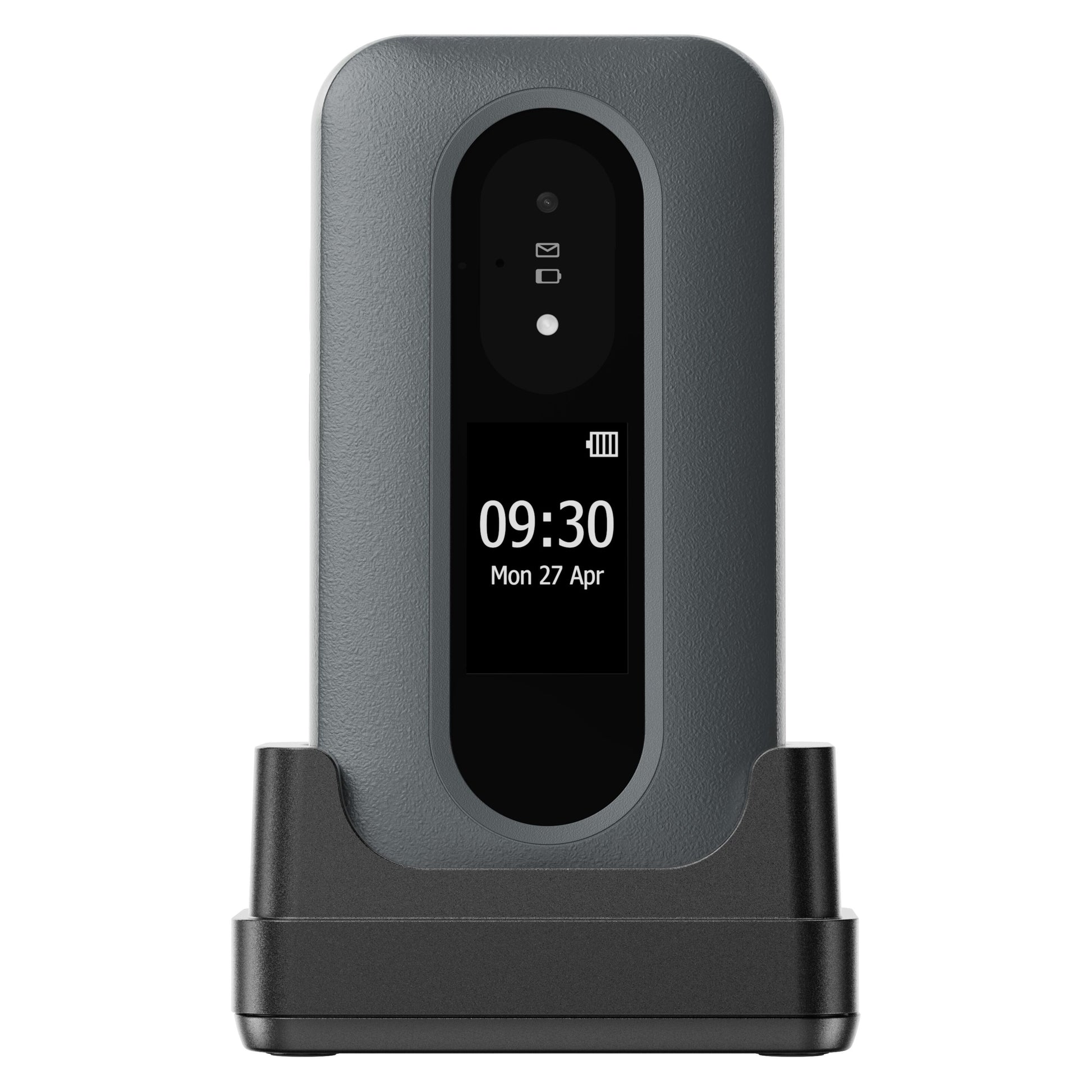 Doro Leva L31 mobiltelefon 4G sort/hvid i oplader, viser tid 09:30, dato 27 Apr på skærm med batteri- og notifikationsikoner.