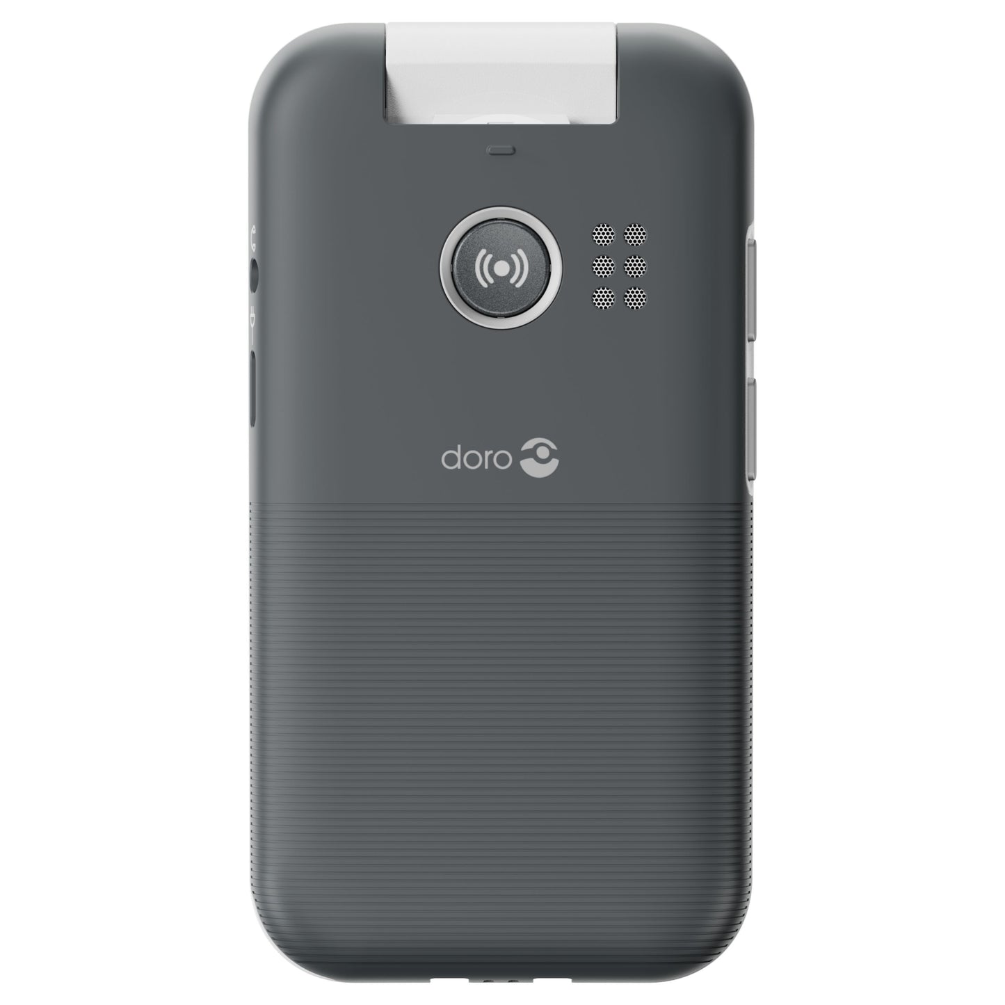 Doro Leva L31 mobiltelefon 4G sort/hvid, grå-sort bagside, hvid hængsel, kameralinse, højtalerhuller, Doro-logo.