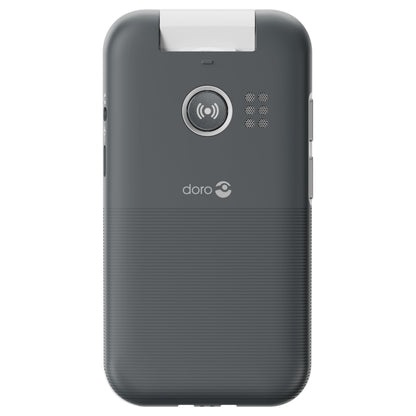 Doro Leva L31 mobiltelefon 4G sort/hvid, grå-sort bagside, hvid hængsel, kameralinse, højtalerhuller, Doro-logo.