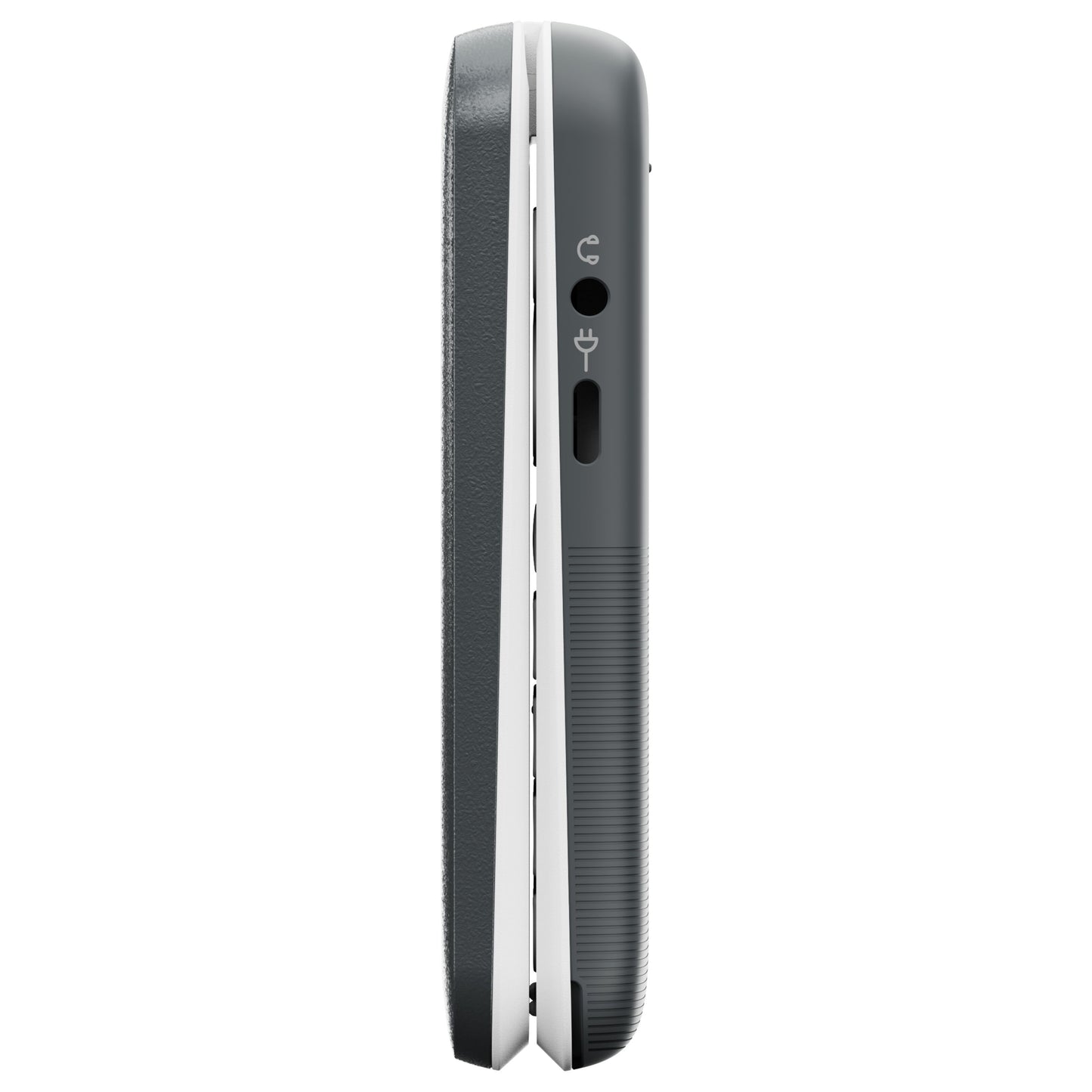 Doro Leva L31 mobiltelefon 4G sort/hvid, side med 3,5 mm jack, ladeport og ikoner, hvid kant ved hængsel.