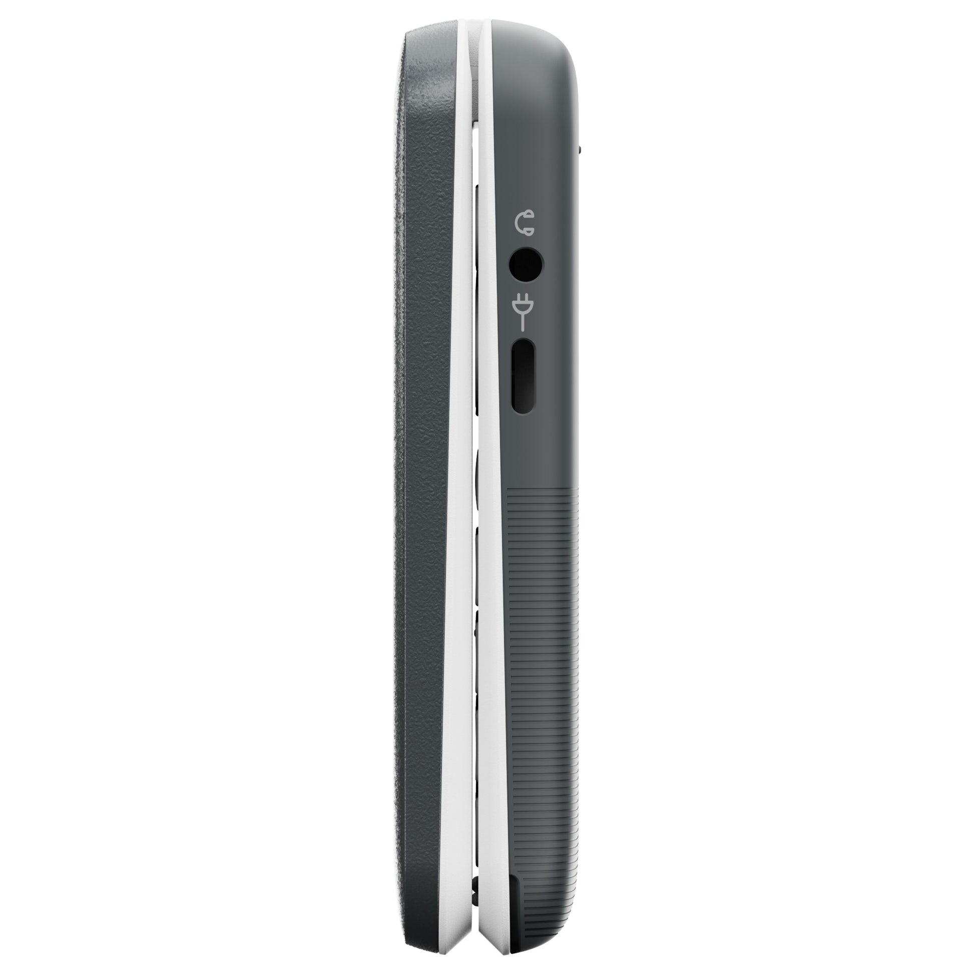 Doro Leva L31 mobiltelefon 4G sort/hvid, side med 3,5 mm jack, ladeport og ikoner, hvid kant ved hængsel.