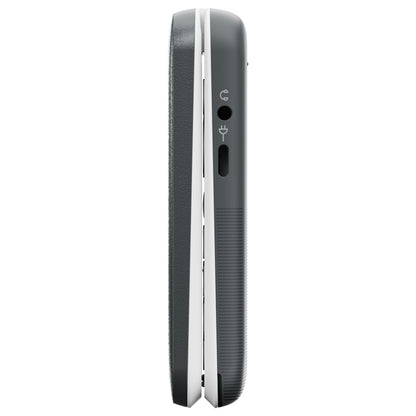 Doro Leva L31 mobiltelefon 4G sort/hvid, side med 3,5 mm jack, ladeport og ikoner, hvid kant ved hængsel.