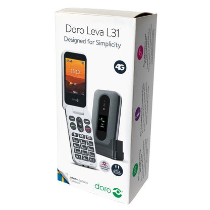Doro Leva L31 mobiltelefon 4G sort/hvid æske, billedet viser store knapper, farveskærm, opladerdock, klaptelefon 4G.