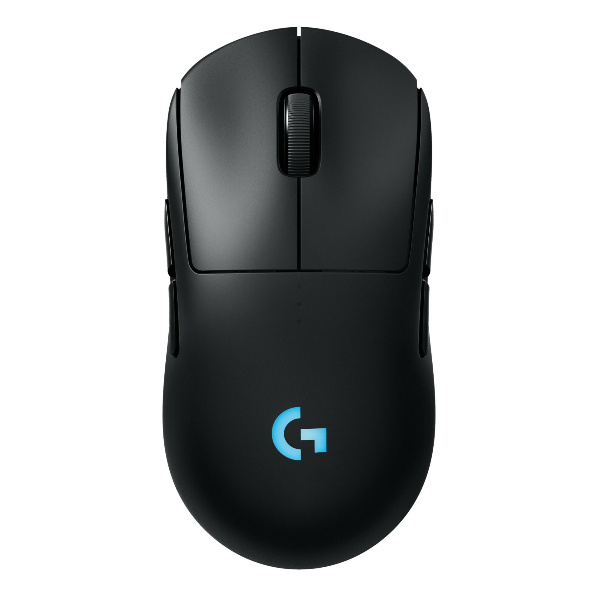 Logitech G Pro 2 trådløs gamingmus, sort, to knapper, rullehjul, blåt G-logo, HERO 2-sensor og Lightspeed-teknologi.