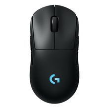 Logitech G Pro 2 trådløs gamingmus, sort, to knapper, rullehjul, blåt G-logo, HERO 2-sensor og Lightspeed-teknologi.