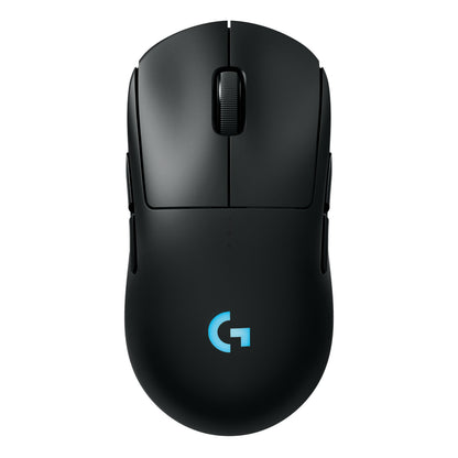 Logitech G Pro 2 trådløs gamingmus, sort, to knapper, rullehjul, blåt G-logo, HERO 2-sensor og Lightspeed-teknologi.