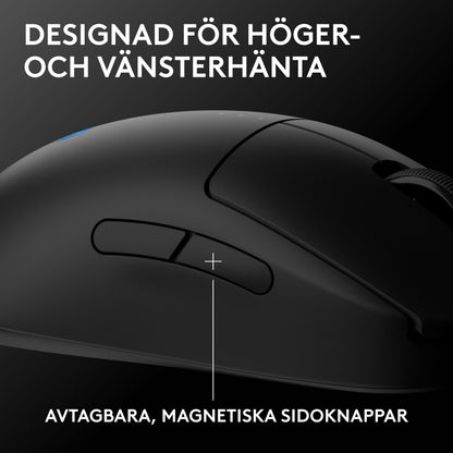 Logitech G Pro 2 sort trådløs gamingmus med HERO 2-sensor, Lightspeed og udskiftelige magnetiske sideknapper.