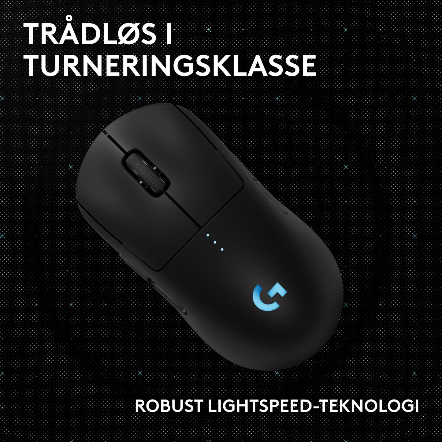 Logitech G Pro 2 sort trådløs gamingmus med blåt lysende logo, mørk baggrund, hvor teksten »Lightspeed-teknologi« vises.