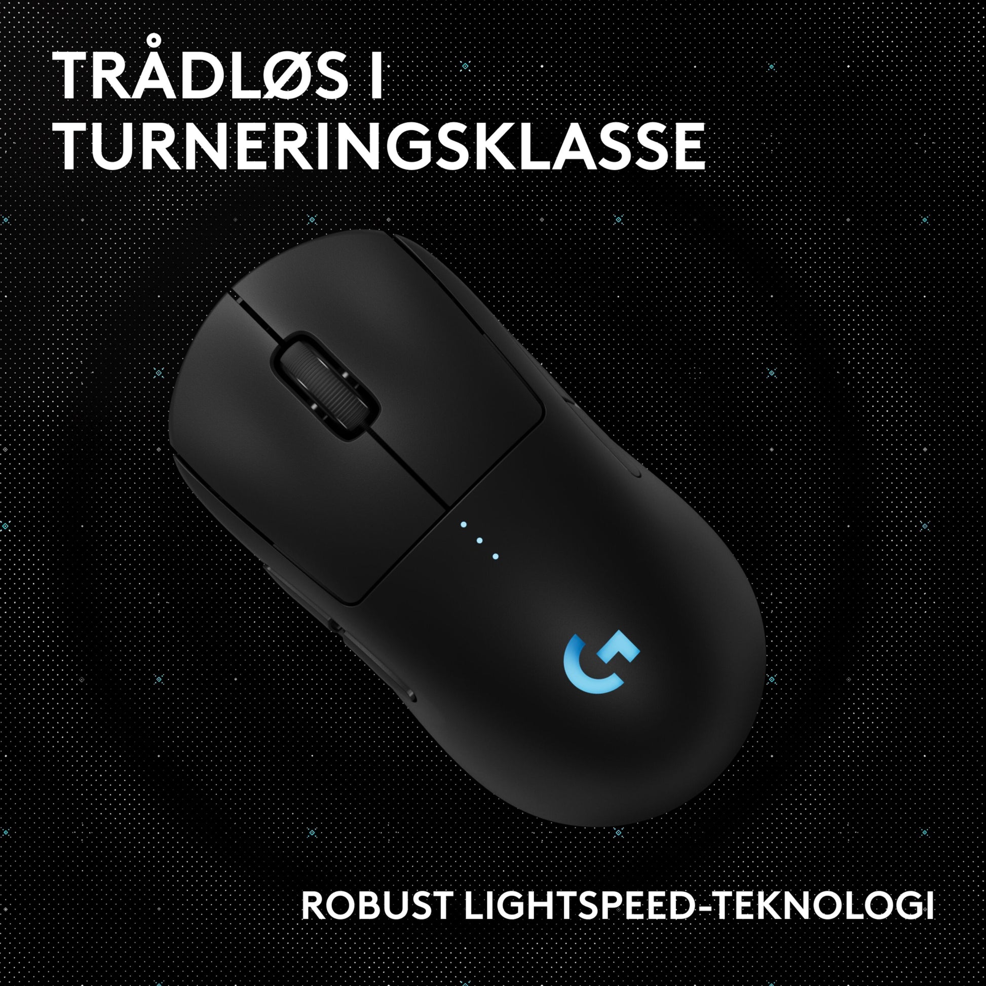 Logitech G Pro 2 sort trådløs gamingmus med blåt lysende logo, mørk baggrund, hvor teksten »Lightspeed-teknologi« vises.
