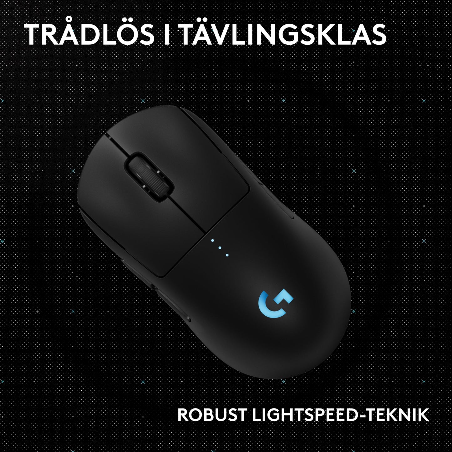 Logitech G Pro 2 trådløs sort gamingmus med blåt G-logo, svensk tekst: Trådløs i konkurrenceklasse, robust Lightspeed-teknologi.