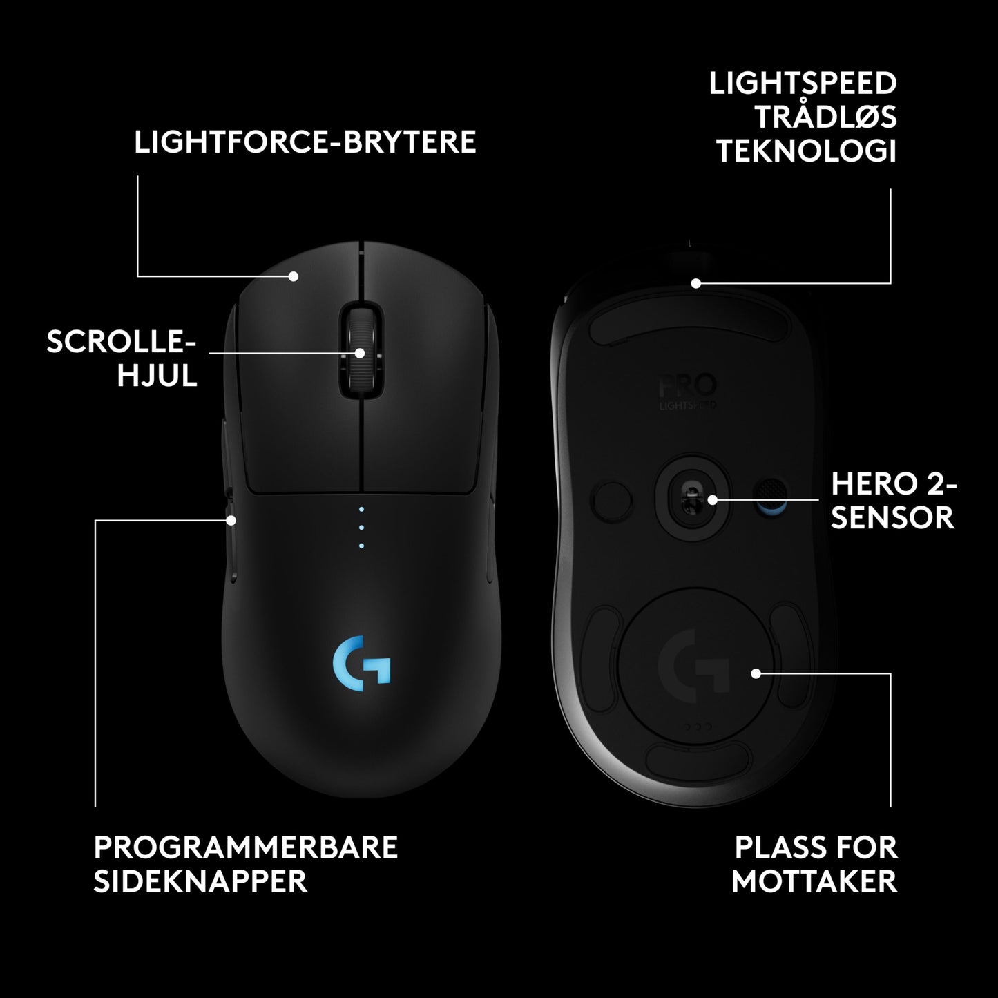 Logitech G Pro 2 trådløs gamingmus, sort, set fra oven og neden, med danske mærkater til HERO 2-sensoren og Lightspeed.