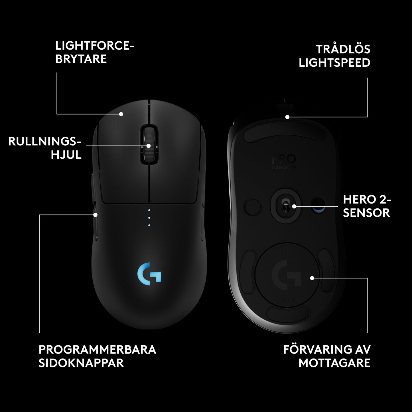 Logitech G Pro 2 trådløs gamingmus i sort, den ene med oplyst G-logo, den anden viser undersiden med rullehjul, sideknapper og HERO 2-sensor.