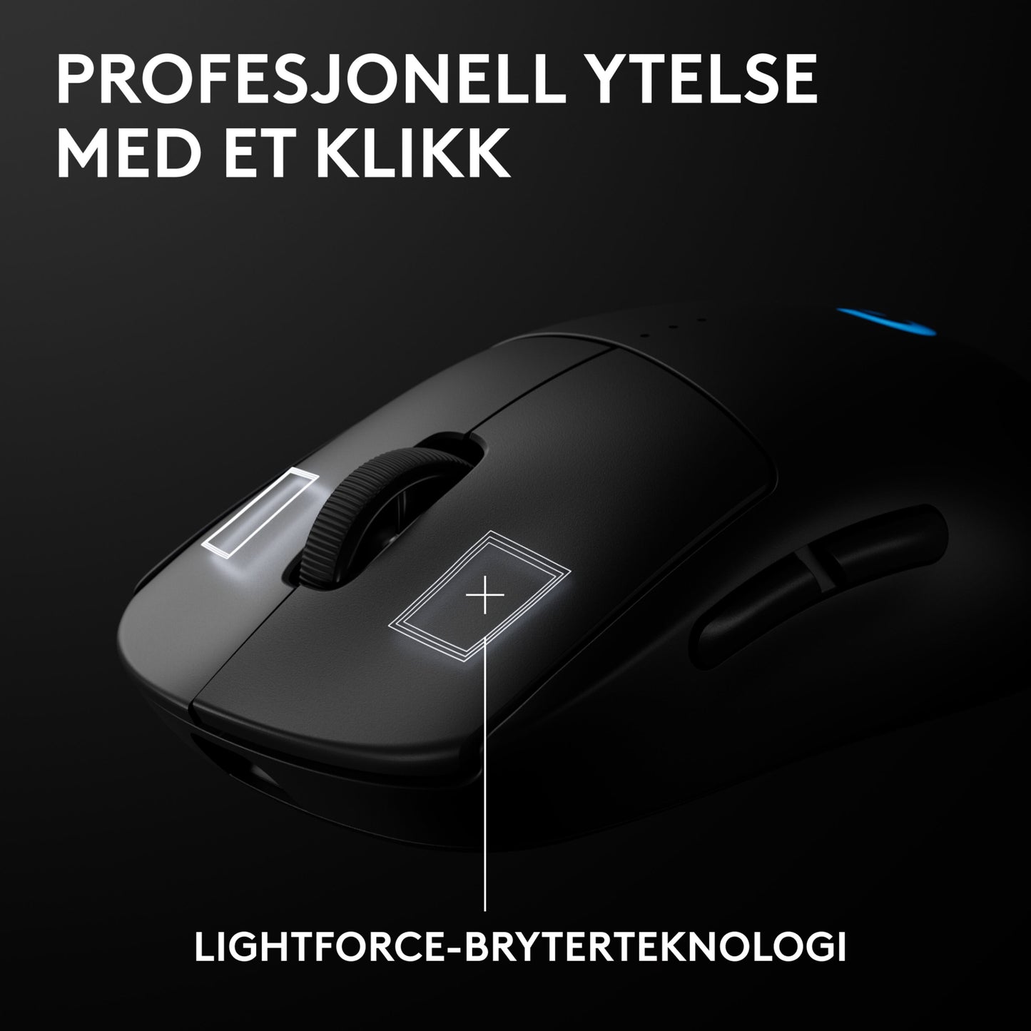 Logitech G Pro 2 trådløs gamingmus, sort, fremhævede knapper, norsk tekst: »Professionel ydeevne med et enkelt klik«.